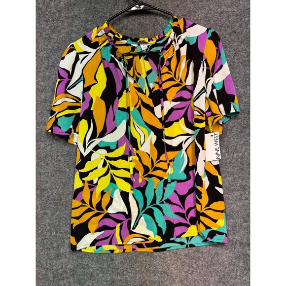 Nine West Top Women’s M Multicolor Abstract Leaf Print Short Sleeve Tie Neck Top - Picture 7 of 12